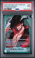 One Piece op14-eb04 The azure sea's seven Dracule Mihawk Alt Art Leader PSA 9