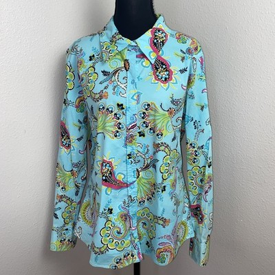 Bamboo Traders Blouse Women's XL Blue Paisley Floral Long Sleeve Button Hippie