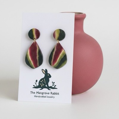 Crimson Ecru Green Swirl Large Handmade Polymer Clay Dangle Earrings w SS Posts