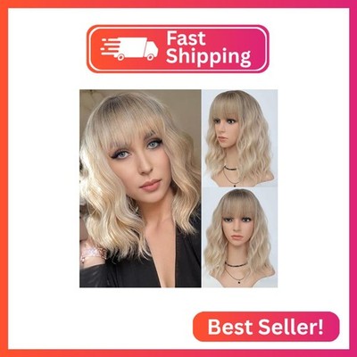 HAIRUP Short Wavy Wig with Bangs for Women,Ombre Platinum Blonde Shoulder Length