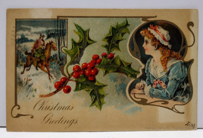 Christmas Greetings Colonial Lady Man on Horse Holly c1907 Art Postcard