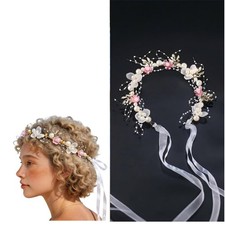Pearl Flower Bridal Headpiece Boho Crystal Headband Adjustable Metal Tiara Fl...