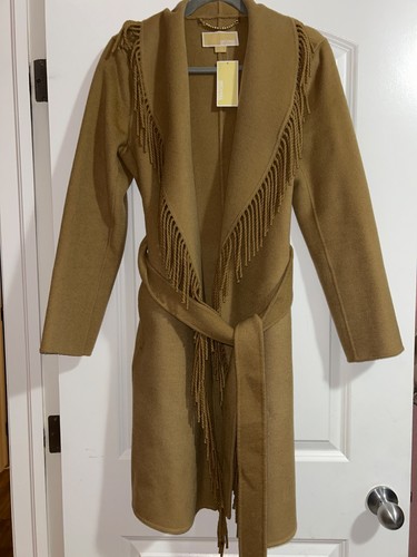Cappotto donna MICHAEL Michael Kors misto lana frange avvolgente taglia S nuovo con etichetta cammello - Foto 6 di 10