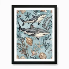 Pastel Blue Blacktip Reef Shark Wat Framed Wall Art Poster Canvas Print Picture