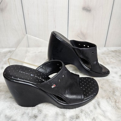 Tommy Hilfiger Black Leather Wedge Sandals 7M Open Toe 3.5'' Heel 90's Y2K Logo