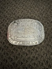 Vintage Silver-Tone Western Belt Buckle Ornate Engraved Scrollwork Rodeo Cowboy