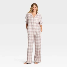 Women's Flannel Long Sleeve Button Down Shirt and Pants Pajama Set -