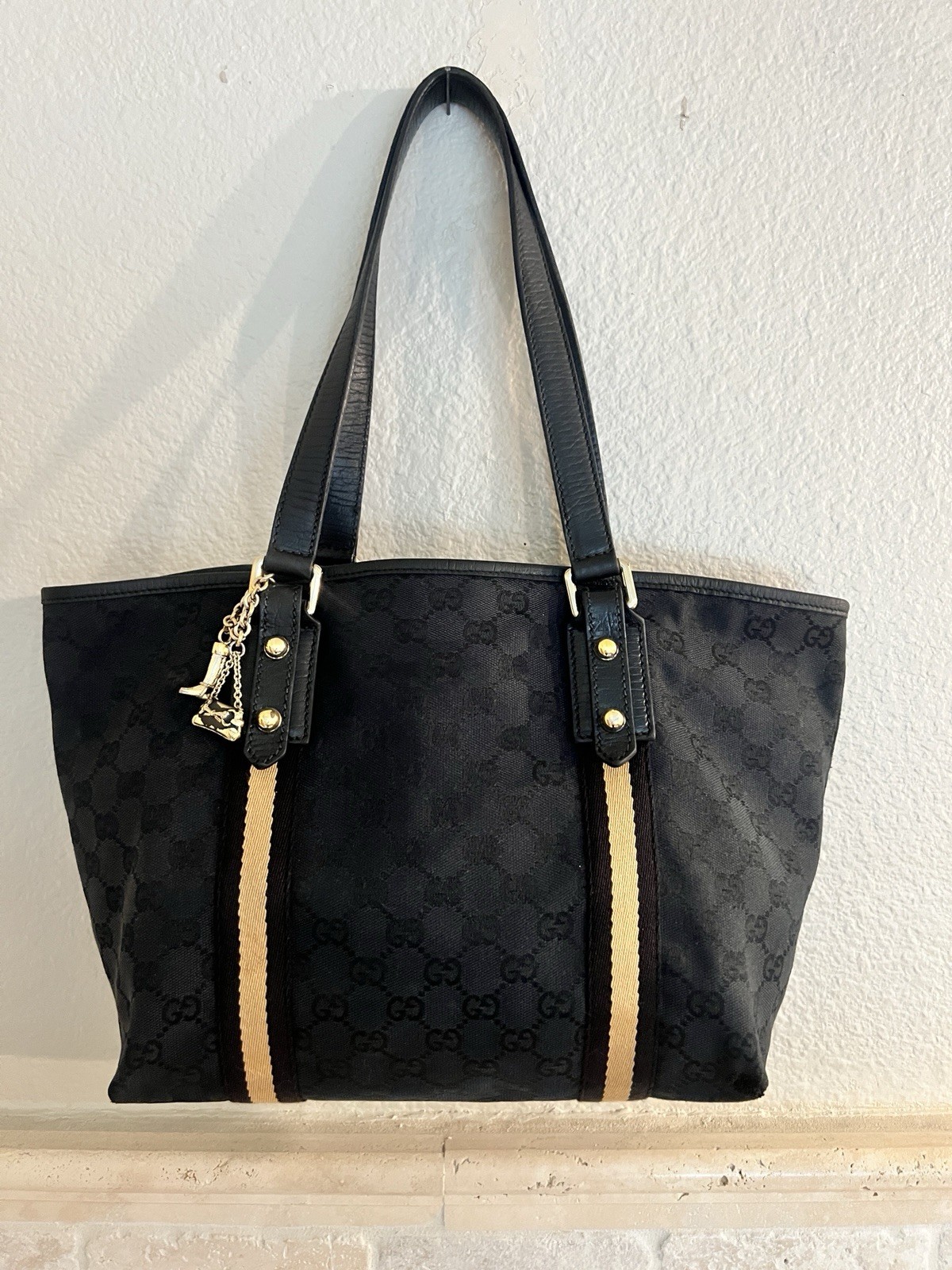 Authentic Gucci Black GG Canvas Tote Bag Web Stripe Shoulder Bag