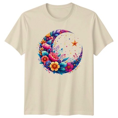 Floral Crescent Moon Star Celestial T-Shirt, Magic Style
