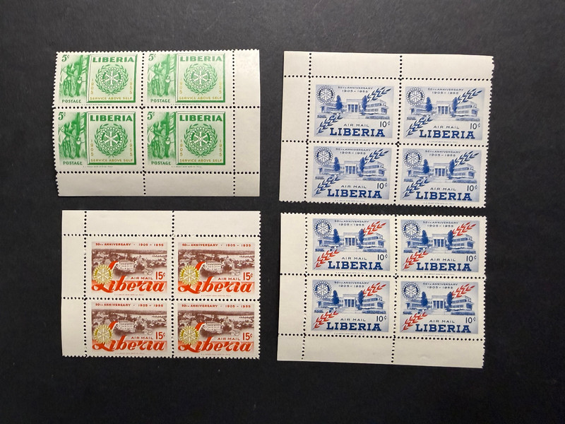 Liberia # 354, C97, C98, Rotary Anniversary MNH Blocks of 4 plus C98 Color Error