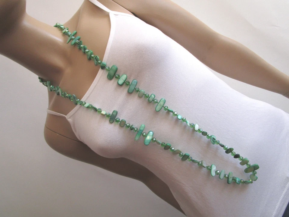 Damen Hals Kette Modekette Bettelkette lang Perlmutt Perlen Grün Endloskette P39 - Bild 4 von 4