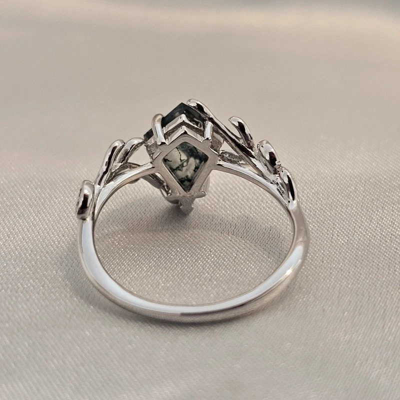 Olive Grove Moss Agate Ring 925 Silver With Platinum Plating — 第 4/4 张图片