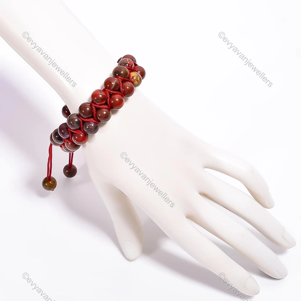 Brazalete ajustable con cuentas de plata de ley 925 con piedras preciosas de jaspe amapola para mujer Foto 2 de 4