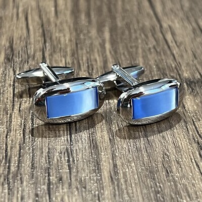 Blue Fiber Optic Stone Oval Cufflinks Blue Tonal Men Cuff Link