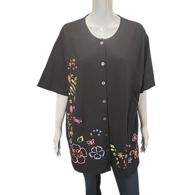 CST Sport Women's Black Button Front Shirt Top with Embroidery Plus Size 3X