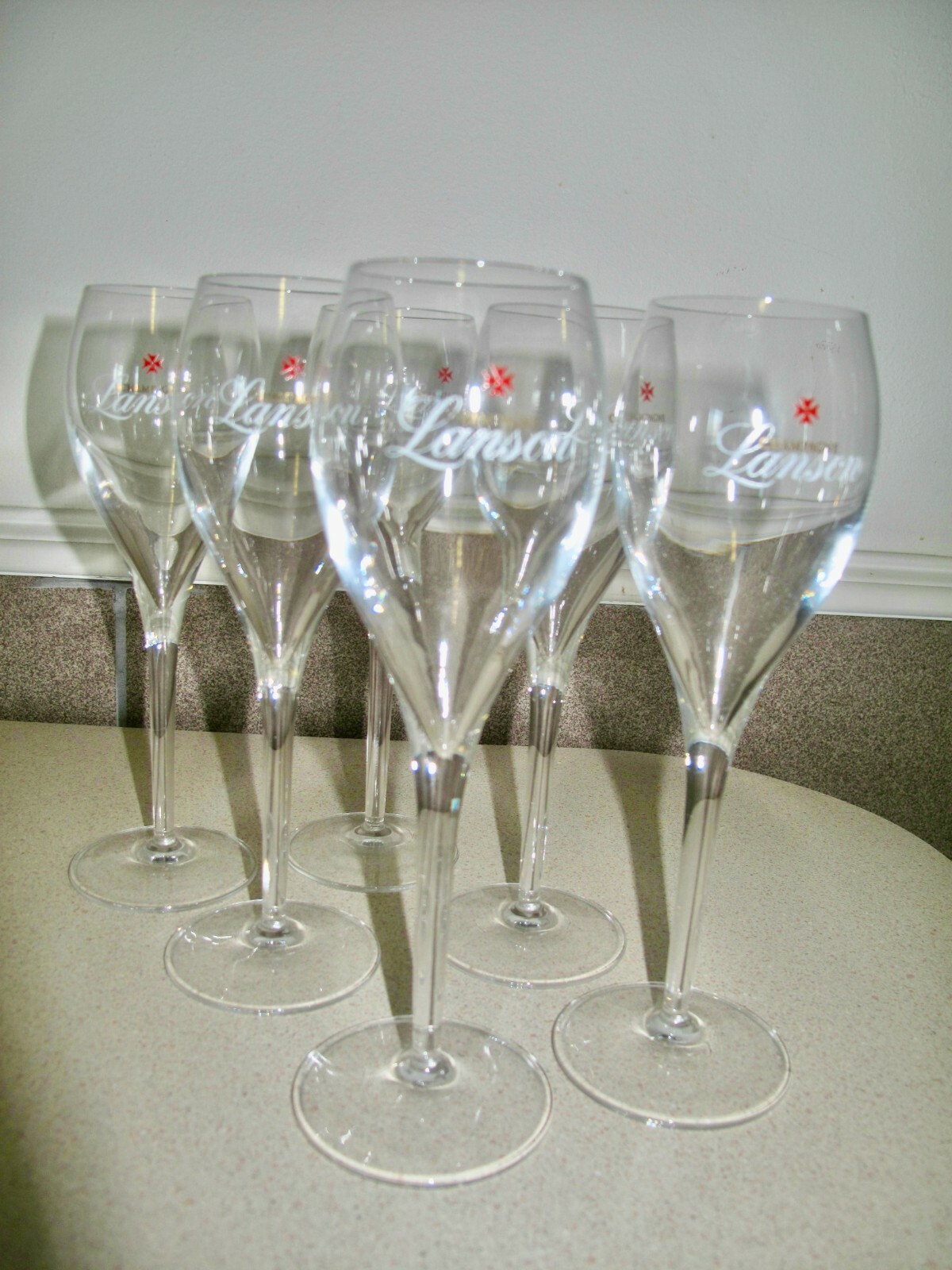 Lanson 6 champagne Glass flutes Red Malta Cross advertisement eBay