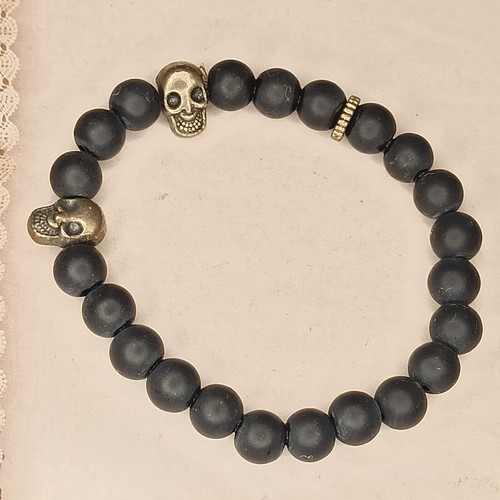 Men's Bracelet Black Mala Beads Scull Charm Silver Stretchy Women Fashion Gift - 第 6/7 張圖片