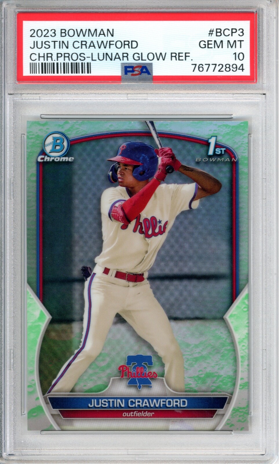 2023 Bowman Justin Crawford BCP3 Chrome Prospect Lunar Glow Refractor PSA 10