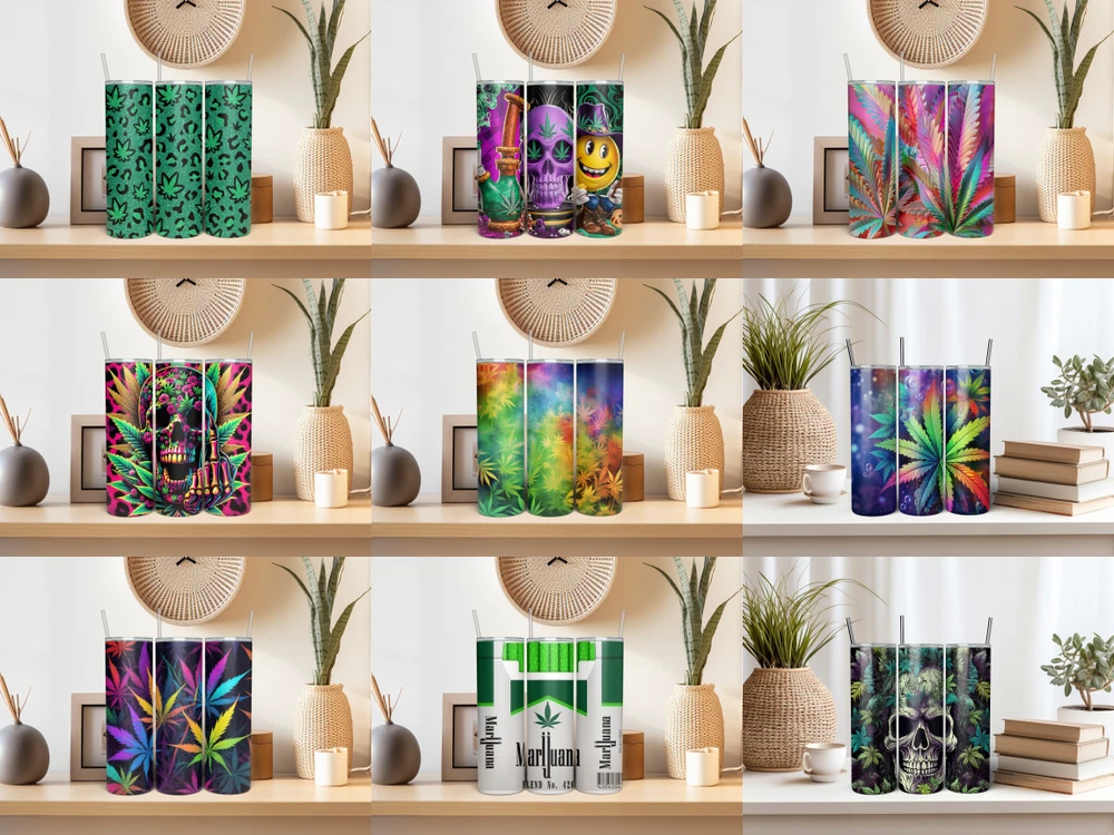 Tumbler Skinny 20oz  w/ Lid & Straw  Weed Leaf Cannabis Marijuana 420