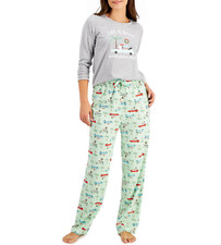 FAMILY PAJAMAS Women's 2-Piece Tropical Santa Pajama Set sz L Large Gray