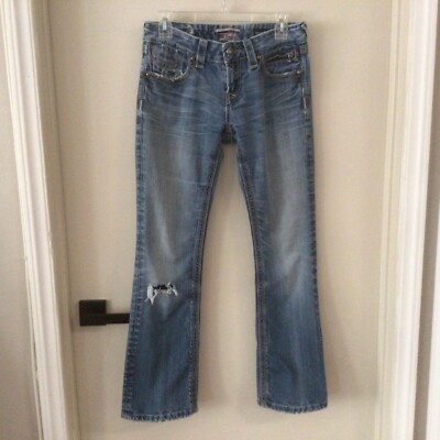 Rerock for Express Womens Boot Low Rise Threaded Pocket Distressed Jeans; SZ 4R