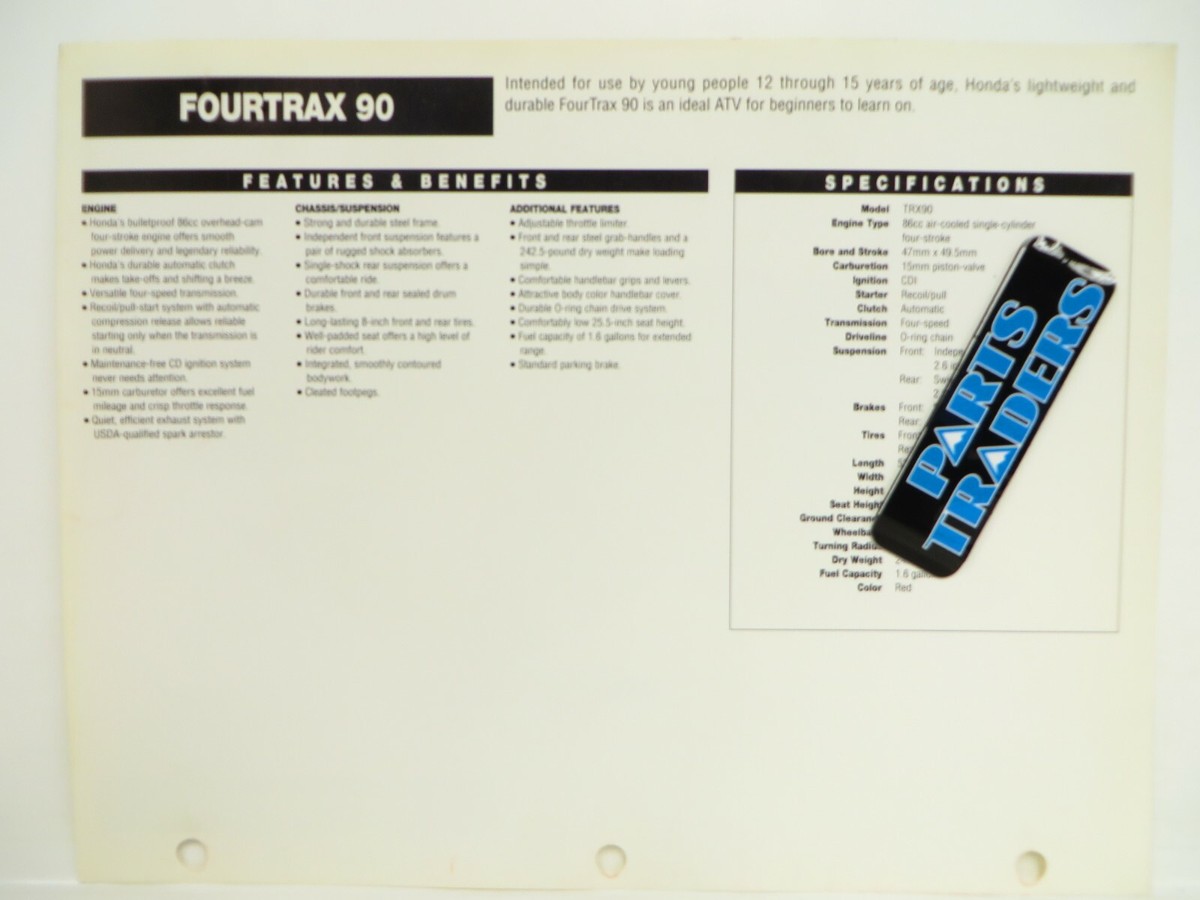 OEM Genuine Honda Red Book Single Page Spec Sheet Fourtrax 90