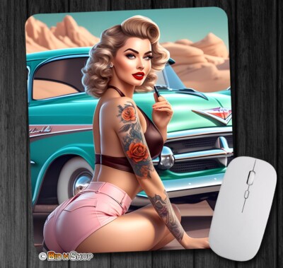 Pinup Girl & Classic Car ~ Mouse Pad / PC Mousepad ~ Pin Up Girls Man Cave Gift