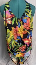 VTG Islander Womens Colorful Tropical Floral One Piece Halter Swimsuit Sz 10.