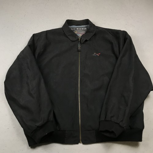 VINTAGE Greg Norman Jacket Mens XL Black Shark Bomber Full Zip Golf Logo 90s