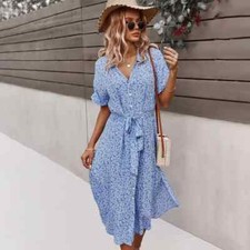 Women’s Floral V-Neck Midi Dress Casual Boho Beach Holiday Button Sundress