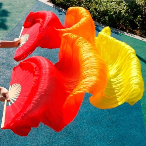 Women Silk Belly Dance Fan Dance Silk Veils 1 Pair 180*90 CM Red+Orange+Yellow - Picture 4 of 25