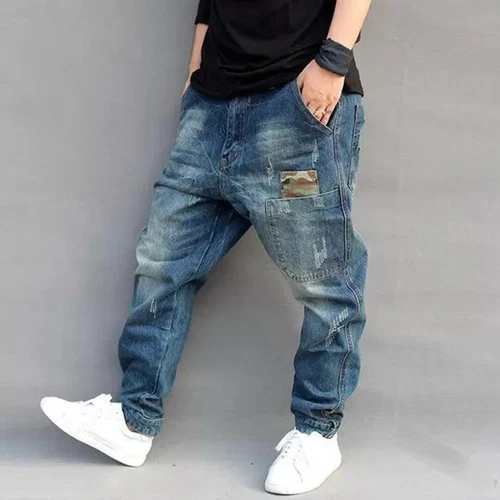 Pants Drop Crotch Distressed TrousersMens Denim Casual Loose Harem Jean Tapered - Bild 4 von 31
