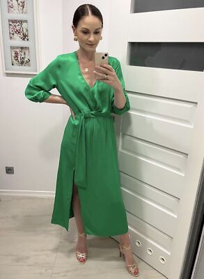 BNWT ZARA GEEN SATIN EFFECT KNOTTED MIDI WRAP DRESS SIZE MEDIUM | eBay