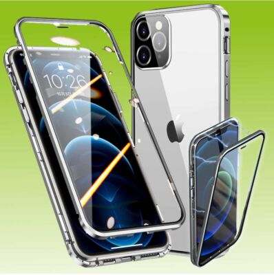 Für Apple iPhone 13 Pro Max Etuis Beidseitiger Magnet Glas Handy Tasche Silber