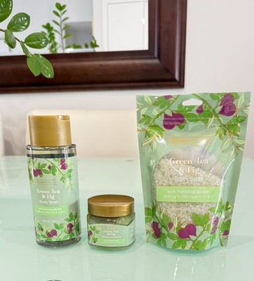 Global Beauty Care Green Tea & Fig Bath Body Wash, Bath Salts & Scrub. 3 piece