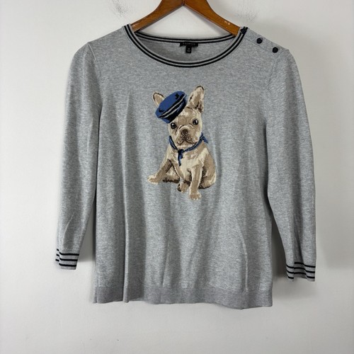 Talbots French Bulldog Sweater Womens M Gray 3/4 Sleeve Button Shoulder Cute - Picture 1 of 8