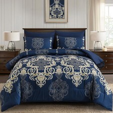 Blue Gold Queen Comforter Set, 7 Pieces Boho Bed in a Bag for Queen Bed, Damask