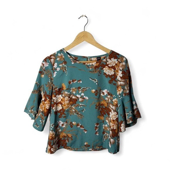 SHEIN Womens Small Teal Brown White Floral Ruffle Blouse