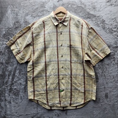 Guess Button Up Shirt Mens Size Large Short Sleeve Red Plaid 100% Linen Unique