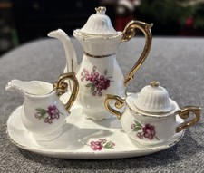 Miniature Tea Set Pitcher Creamer Sugar Tray Gold Accents Pink Roses
