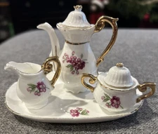 Miniature Tea Set Pitcher Creamer Sugar Tray Gold Accents Pink Roses
