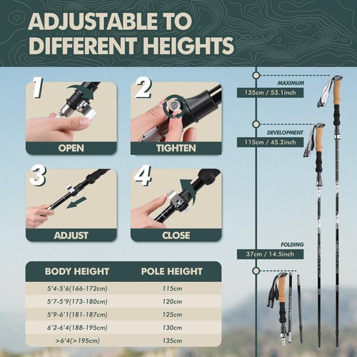 Nordic Walking Stick, TPZ-1, Black 2pc Folding Collapsible Hiking Poles with ... - Picture 3 of 7