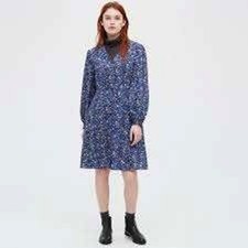 Uniqlo Printed V-Neck Long-Sleeve Flare Mini Dress Blue Floral Small Feminine