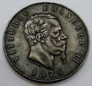 Italy 1876 R Silver 5 Lire KM# 8.4