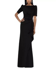Xscape Black Ruched Scuba Ruffle Gown Half Sleeves Modest NWT Sz 14 Elegant