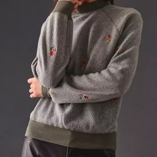 Anthropologie T.La Embroidered Mock-Neck Sweatshirt in Moss X-Small XS 