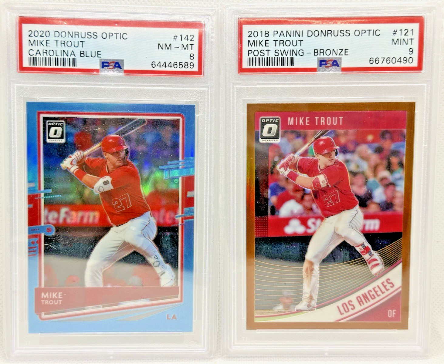 Lot x2 Mike Trout PSA Optic Carolina Blue SSP /50 & Bronze Prizm Holo Parallels