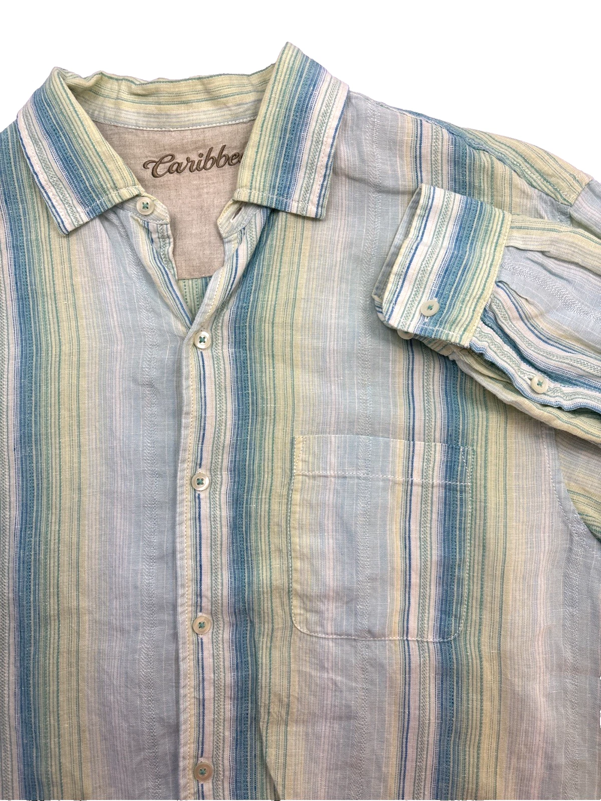 Caribbean Linen Shirt Mens Hawaiian Large Blue Striped Long Sleeve Button Up