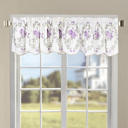 1 Piece Rose Embroidery Valance, Lilac, 60" x 19", Scalloped Flower Floral Wi... - Picture 1 of 6