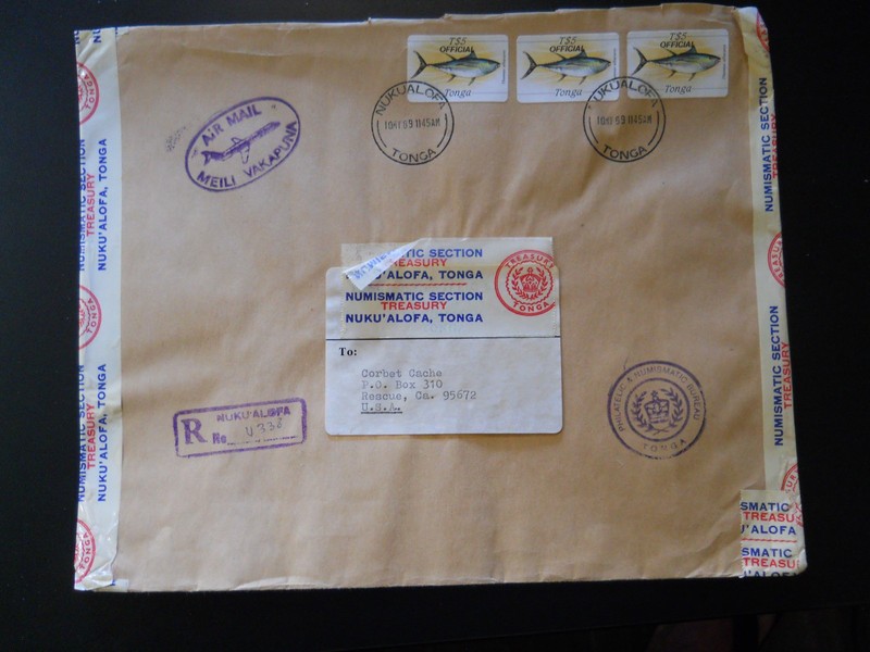 Tonga, Registered Air Mail Cover to US w/ 3 Ofiicial T$5, Yellow Fin Tuna, 1989
